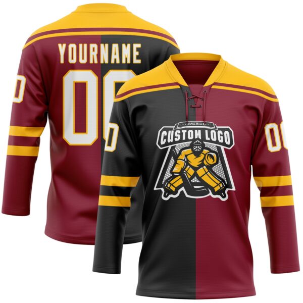 Custom Crimson White Black-Gold Split Fashion Hockey Lace Neck Jersey