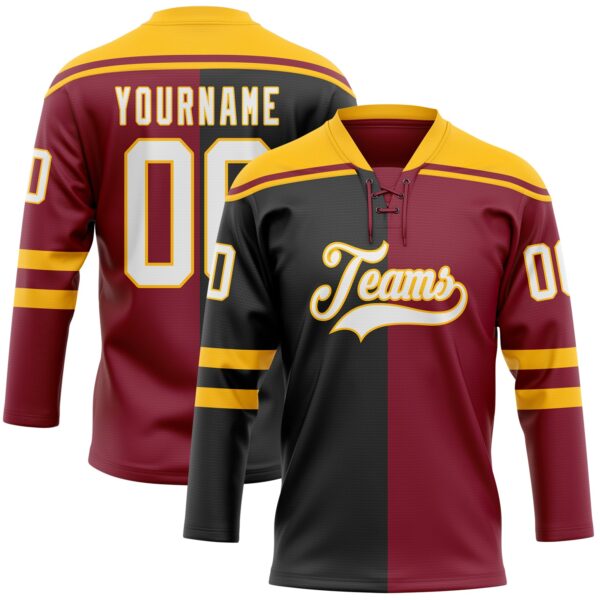 Custom Crimson White Black-Gold Split Fashion Hockey Lace Neck Jersey