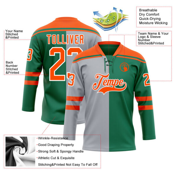Custom Kelly Green Orange Gray-White Split Fashion Hockey Lace Neck Jersey