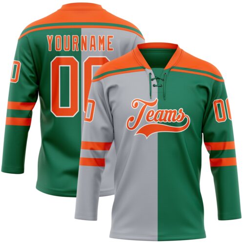 SplitF1272 Custom Kelly Green Orange Gray-White Split Fashion Hockey Lace Neck Jersey
