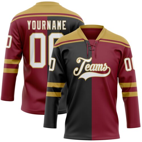 SplitF1273 Custom Crimson White Black-Old Gold Split Fashion Hockey Lace Neck Jersey