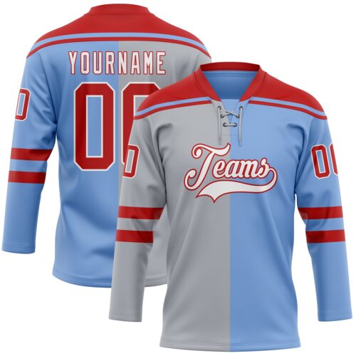SplitF1274_b67dfebd-b28d-4bde-893d-5c36d84c024d Custom Powder Blue Red Gray-White Split Fashion Hockey Lace Neck Jersey