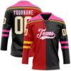 Custom Black White Red Pink-Yellow Split Fashion Hockey Lace Neck Jersey