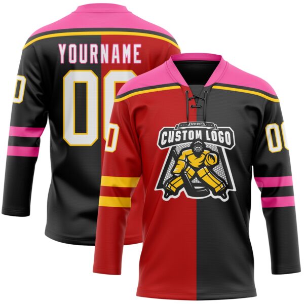 Custom Black White Red Pink-Yellow Split Fashion Hockey Lace Neck Jersey