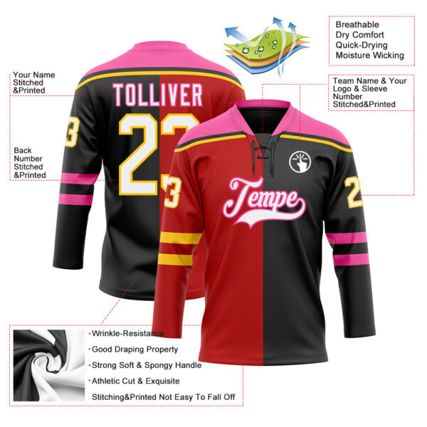 Custom Black White Red Pink-Yellow Split Fashion Hockey Lace Neck Jersey