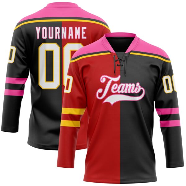 Custom Black White Red Pink-Yellow Split Fashion Hockey Lace Neck Jersey