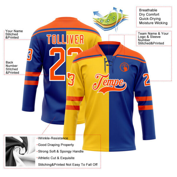 Custom Royal Orange Yellow-White Split Fashion Hockey Lace Neck Jersey
