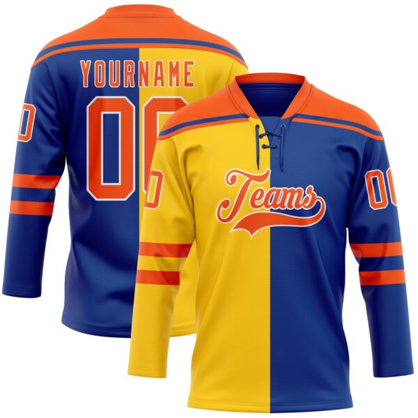 Custom Royal Orange Yellow-White Split Fashion Hockey Lace Neck Jersey
