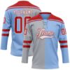 Custom Light Blue Red Gray-White Split Fashion Hockey Lace Neck Jersey
