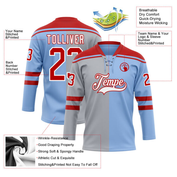 Custom Light Blue Red Gray-White Split Fashion Hockey Lace Neck Jersey