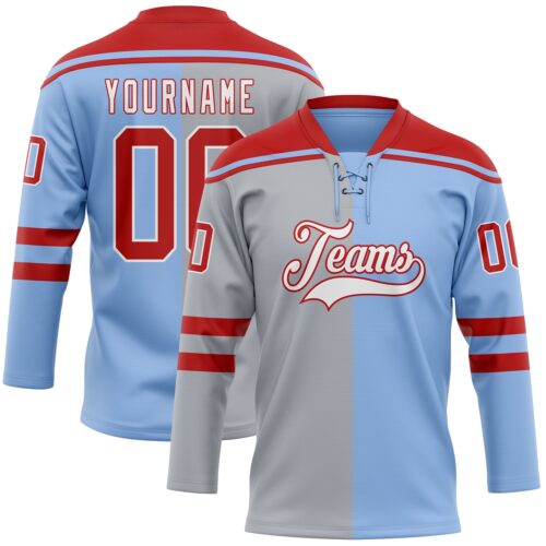 SplitF1277 Custom Light Blue Red Gray-White Split Fashion Hockey Lace Neck Jersey