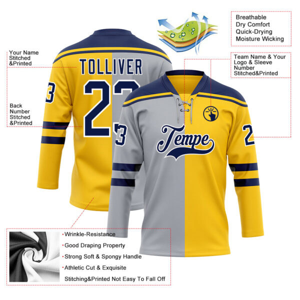 Custom Yellow Navy Gray-White Split Fashion Hockey Lace Neck Jersey