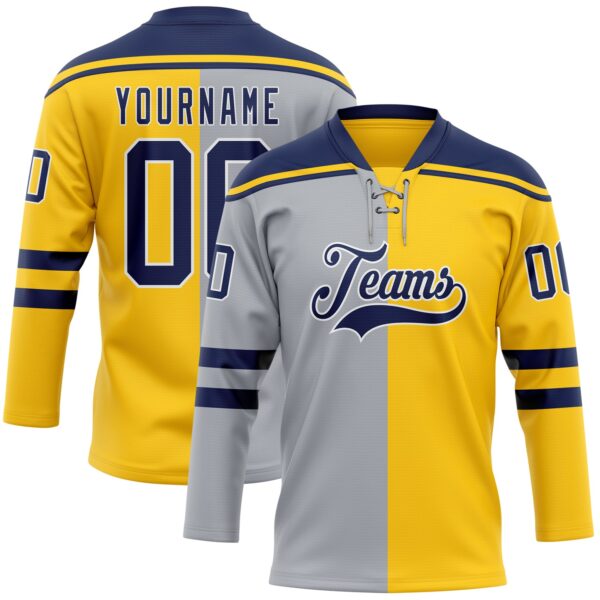 Custom Yellow Navy Gray-White Split Fashion Hockey Lace Neck Jersey