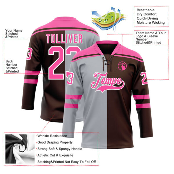 Custom Brown Pink Gray-White Split Fashion Hockey Lace Neck Jersey