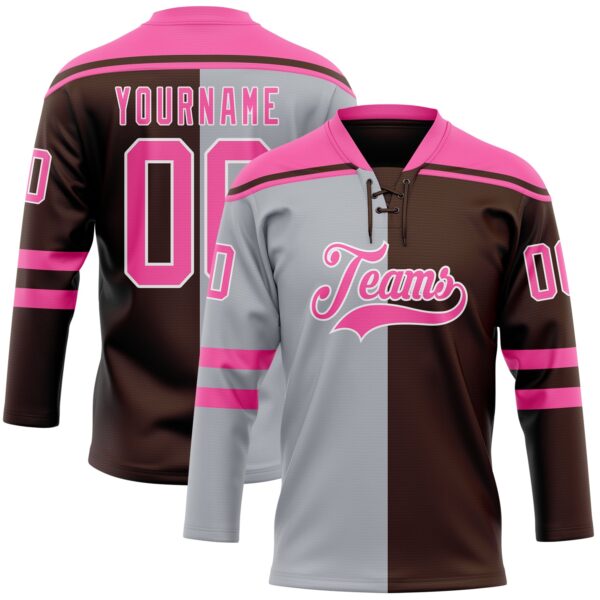 Custom Brown Pink Gray-White Split Fashion Hockey Lace Neck Jersey