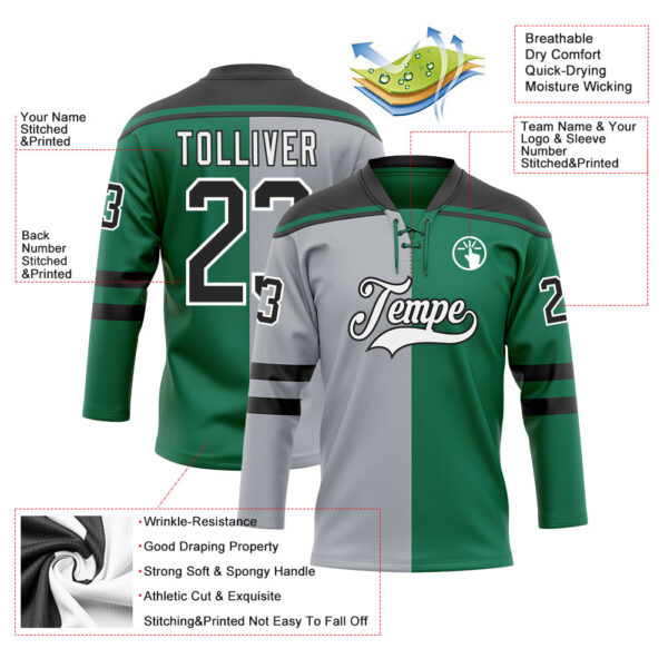 Custom Kelly Green Black Gray-White Split Fashion Hockey Lace Neck Jersey