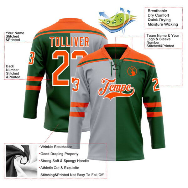 Custom Green Orange Gray-White Split Fashion Hockey Lace Neck Jersey