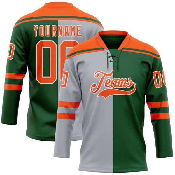 Custom Green Orange Gray-White Split Fashion Hockey Lace Neck Jersey