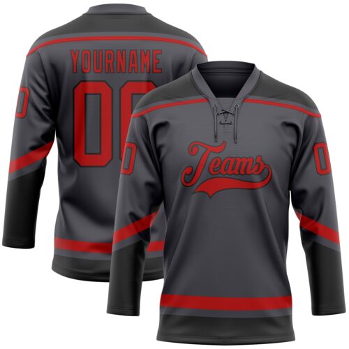 SteelGray0039 Custom Steel Gray Red-Black Hockey Lace Neck Jersey