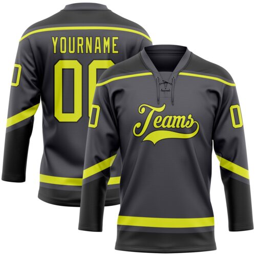 SteelGray0044 Custom Steel Gray Neon Yellow-Black Hockey Lace Neck Jersey