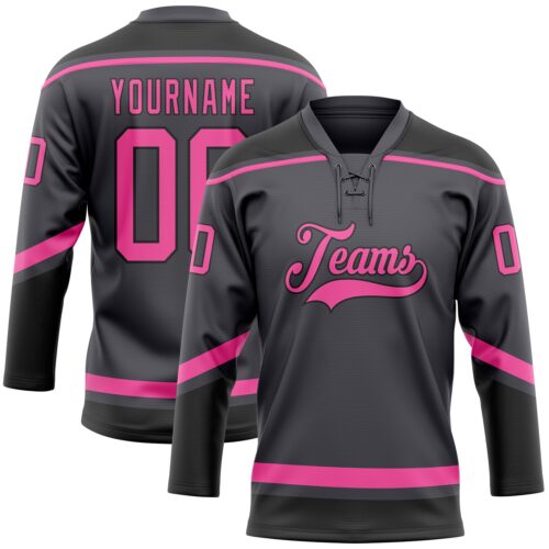 SteelGray0045 Custom Steel Gray Pink-Black Hockey Lace Neck Jersey