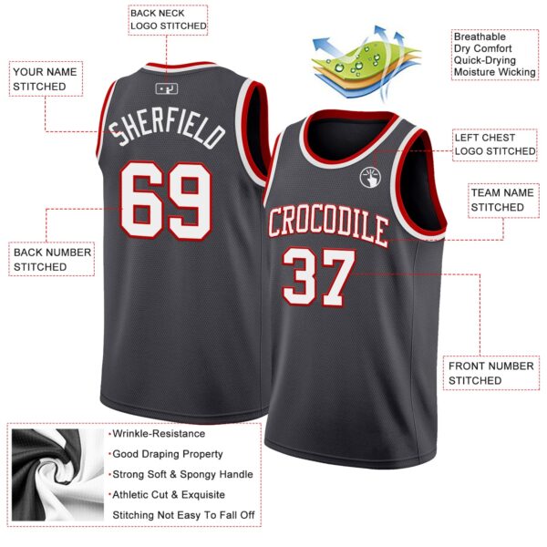 Custom Steel Gray White-Red Authentic Basketball Jersey