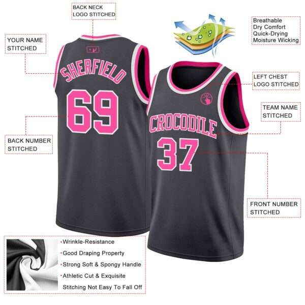 Custom Steel Gray Pink-White Authentic Basketball Jersey