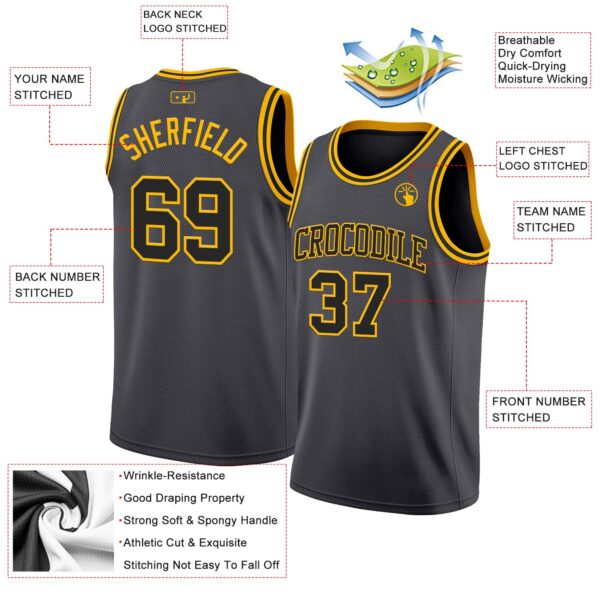 Custom Steel Gray Black-Gold Authentic Basketball Jersey