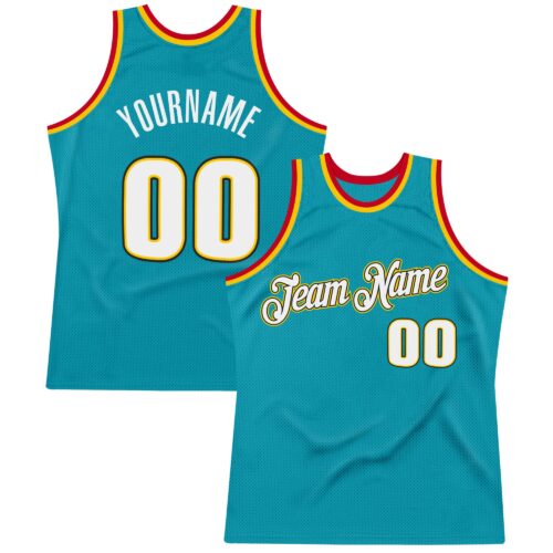 Teal0028 Custom Teal White-Gold Authentic Throwback Basketball Jersey