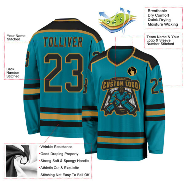 Custom Teal Black-Old Gold Hockey Jersey