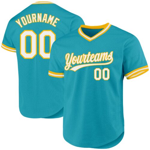 Teal0246 Custom Teal White-Gold Authentic Throwback Baseball Jersey