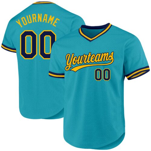 Teal0247 Custom Teal Navy-Gold Authentic Throwback Baseball Jersey