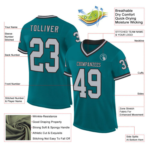 Custom Teal Gray-Black Mesh Authentic Throwback Football Jersey
