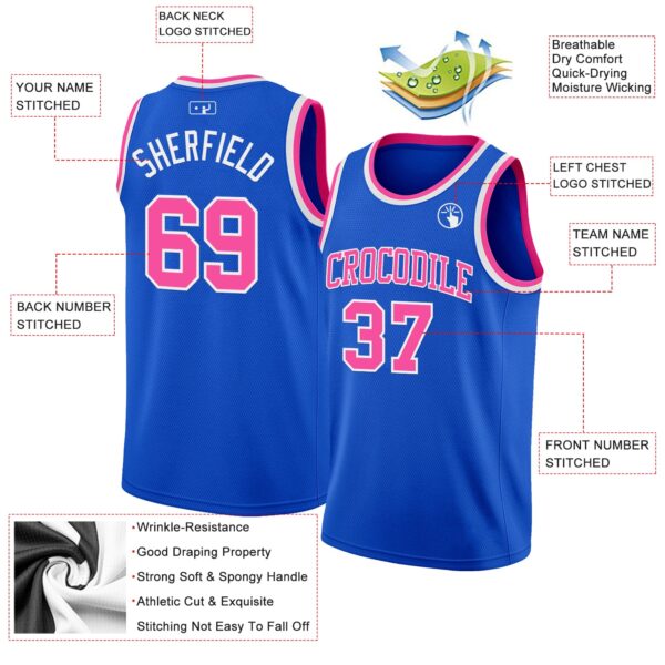 Custom Thunder Blue Pink-White Authentic Basketball Jersey