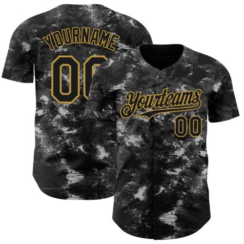 Custom Tie Dye Black-Old Gold Authentic Baseball Jersey