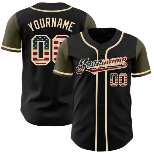 TwoTone0039 Custom Black Vintage USA Flag-Olive Authentic Two Tone Baseball Jersey