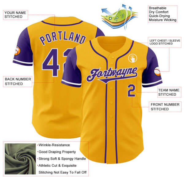 Custom Gold Purple-White Authentic Two Tone Baseball Jersey
