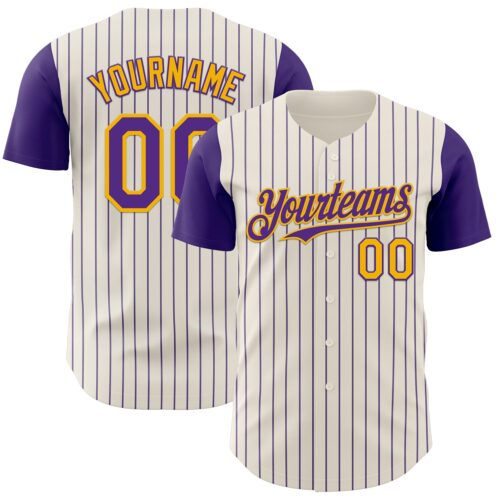 Custom Cream Purple Pinstripe Gold Authentic Two Tone Baseball Jersey