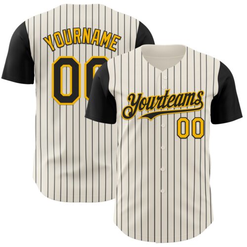 TwoTone1070 Custom Cream Black Pinstripe Gold Authentic Two Tone Baseball Jersey