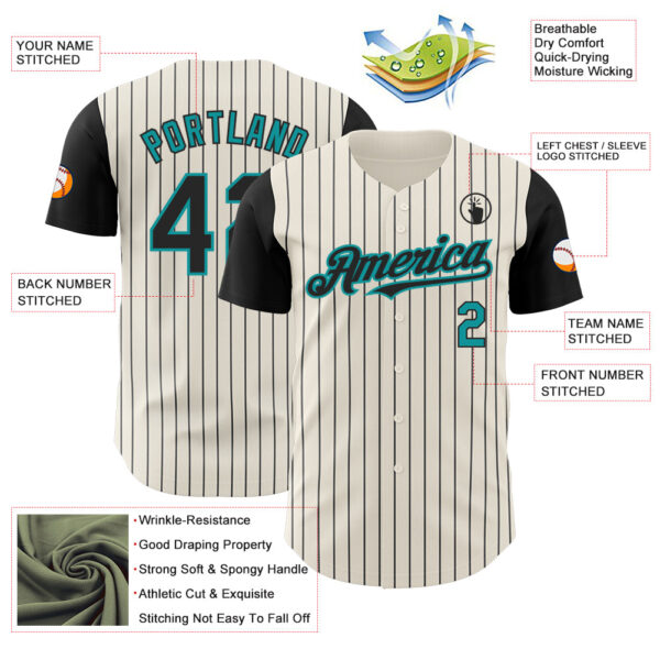 Custom Cream Black Pinstripe Teal Authentic Two Tone Baseball Jersey