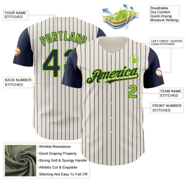 Custom Cream Navy Pinstripe Neon Green Authentic Two Tone Baseball Jersey