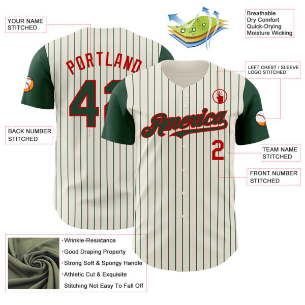 Custom Cream Green Pinstripe Red Authentic Two Tone Baseball Jersey