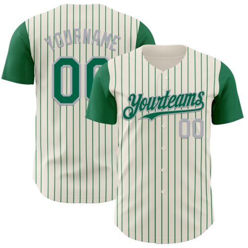 Custom Cream Kelly Green Pinstripe Gray Authentic Two Tone Baseball Jersey
