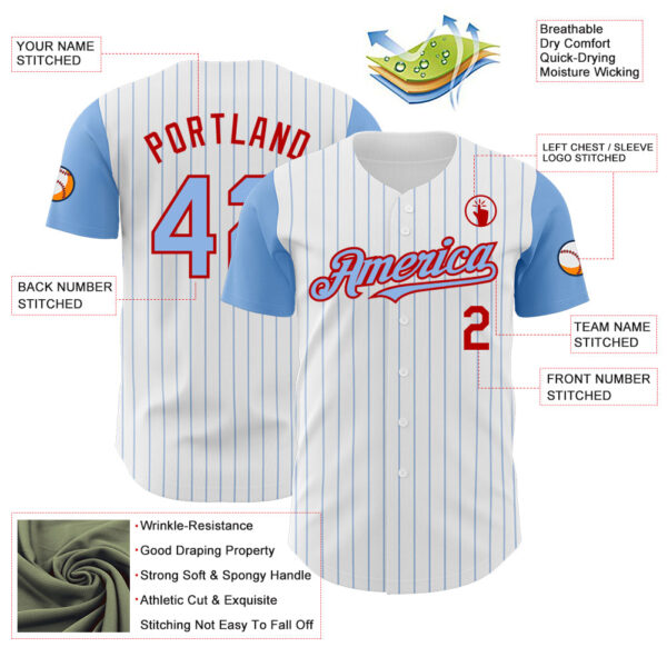 Custom White Light Blue Pinstripe Red Authentic Two Tone Baseball Jersey