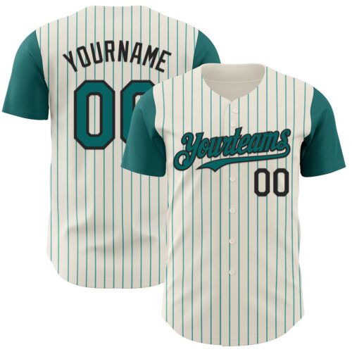 TwoTone1175 Custom Cream Teal Pinstripe Black Authentic Two Tone Baseball Jersey
