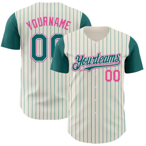 TwoTone1176 Custom Cream Teal Pinstripe White-Pink Authentic Two Tone Baseball Jersey