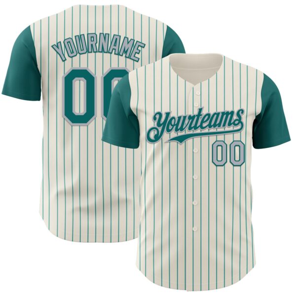 Custom Cream Teal Pinstripe Gray Authentic Two Tone Baseball Jersey