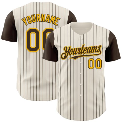 TwoTone1181 Custom Cream Brown Pinstripe Gold Authentic Two Tone Baseball Jersey
