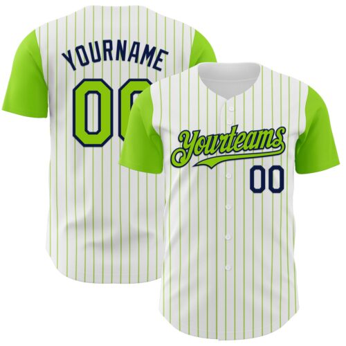 TwoTone1184 Custom White Neon Green Pinstripe Navy Authentic Two Tone Baseball Jersey