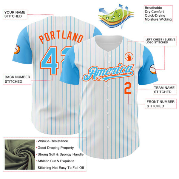 Custom White Sky Blue Pinstripe Orange Authentic Two Tone Baseball Jersey